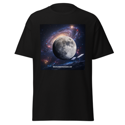 White unisex classic T-shirt by Gildan 5000 with BACKUPMYFILESNOW.COM® branding, showing front view and soft cotton fabric.