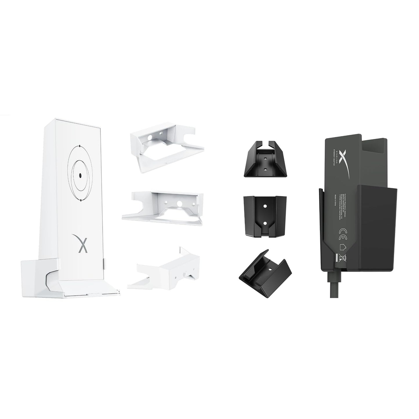 White and black GTOMNI StarLink Ethernet Adapter and Router Mount brackets for Starlink Internet Kit and Mesh Router V2.