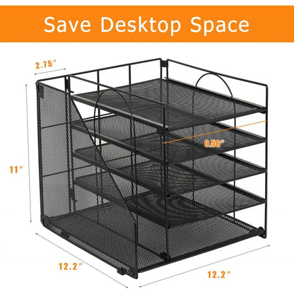 White multi-layer desktop file rack by BackupMyFilesNow.com for organizing documents, files, and office supplies efficiently.