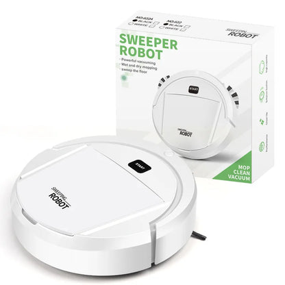 BackupMyFilesNow.com white automatic robot vacuum cleaner for smart dry and wet cleaning, with charging and intelligent home cleaning features.