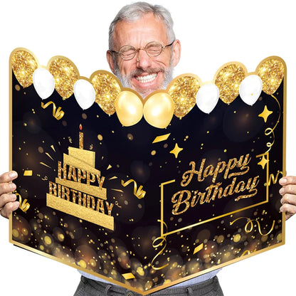 Black and gold Happy Birthday giant guestbook message commemorative card, designed for birthday celebrations and keepsake memories.