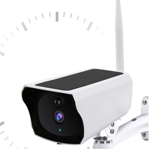 Wireless solar-powered security camera by BackupMyFilesNow.com, white outdoor camera with low power consumption and wireless design.