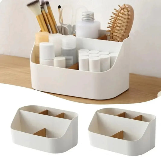 White office supplies storage box with compartments, ideal for cosmetics and organization in office or living room spaces.