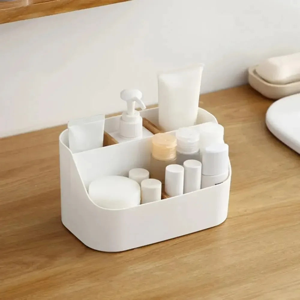 White office supplies storage box with compartments for cosmetics and organization, ideal for office and living room use.