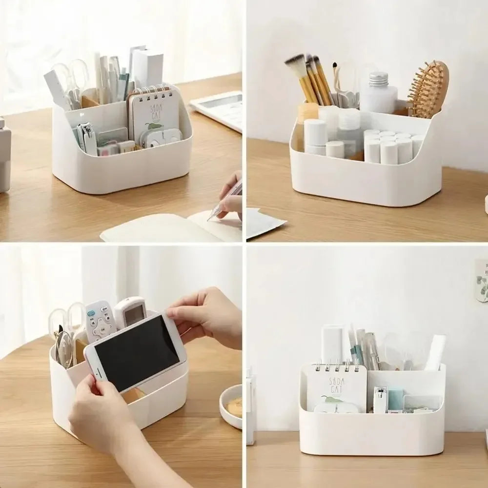 White office supplies storage box with compartments for organizing cosmetics and office essentials in home or office spaces.