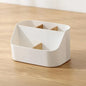 White office supplies storage box with compartments for organizing cosmetics and office essentials in living and work spaces.