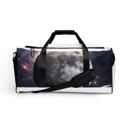 White all-over print duffle bag by BACKUPMYFILESNOW.COM® with sturdy handles and spacious interior for travel and gym use.
