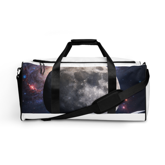 White all-over print duffle bag by BACKUPMYFILESNOW.COM® with sturdy handles and spacious interior for travel and gym use.