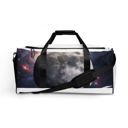 White all-over print duffle bag by BACKUPMYFILESNOW.COM®, featuring durable fabric and spacious design for travel or gym use.
