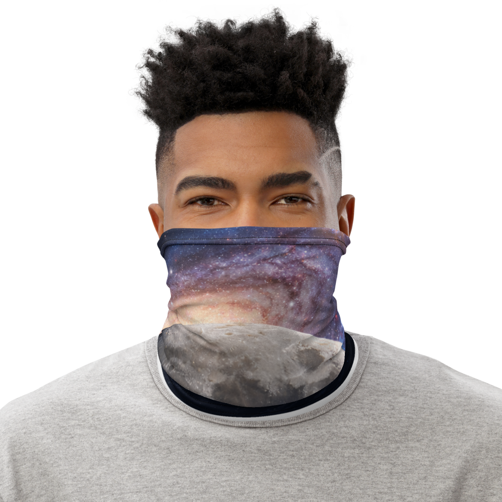 White all-over print neck gaiter by BACKUPMYFILESNOW.COM®, versatile face covering with colorful pattern design.