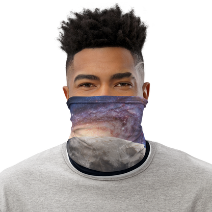 White all-over print neck gaiter by BACKUPMYFILESNOW.COM®, versatile face covering with colorful pattern design.