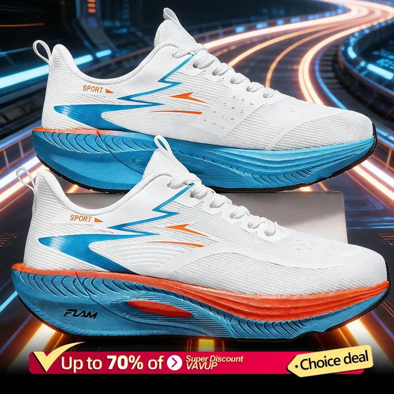 Men's breathable lightweight running shoes by BackupMyFilesNow.com with orange and white design, non-slip soles, ideal for marathon training.