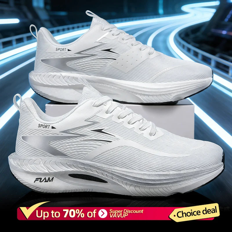 Men's breathable lightweight running shoes by BackupMyFilesNow.com, with white and orange design, non-slip sole for marathon training
