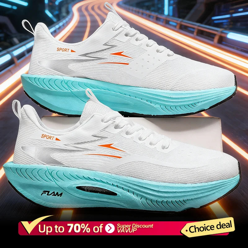 Men's sports running shoes by BackupMyFilesNow.com in white and orange, lightweight, breathable, nonskid athletic sneakers.