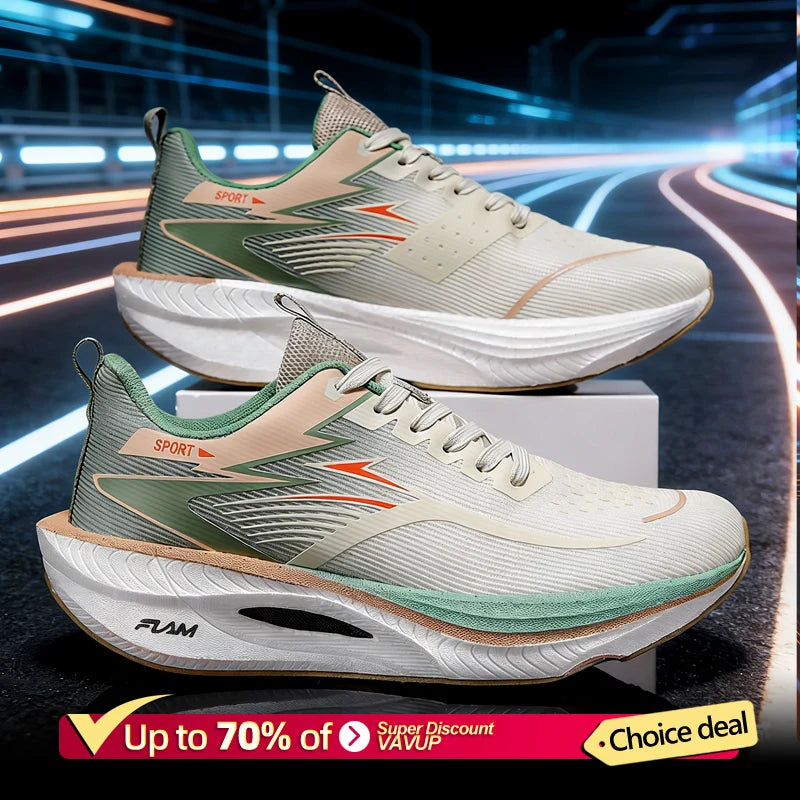 Men’s lightweight, breathable running shoes by BackupMyFilesNow.com in white and orange with non-slip soles for marathon training.