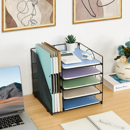 White paper file holder and desktop organizer from BackupMyFilesNow.com, multi-layer storage box for documents and office supplies.