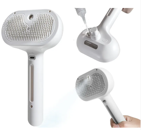 White pet hair spray brush by BackupMyFilesNow.com with a handle and bristles, designed for removing pet hair from surfaces.