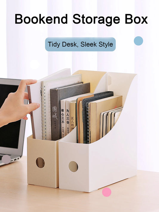 White plastic desktop file organizer with adjustable shelves, ideal for students and office storage of documents and school supplies.
