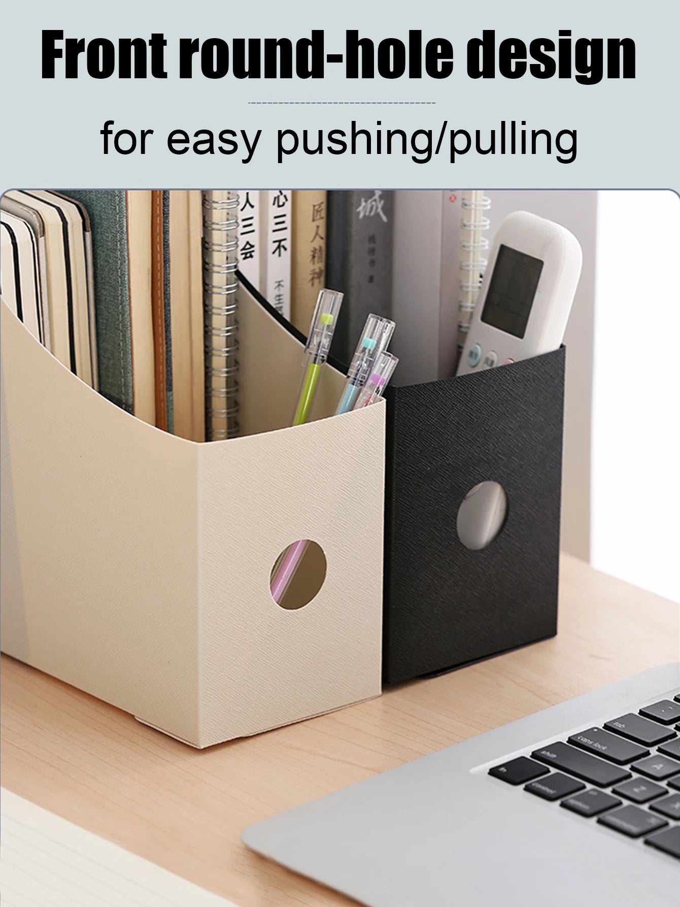 White plastic desktop file organizer with adjustable compartments, ideal for student or office document storage and organization