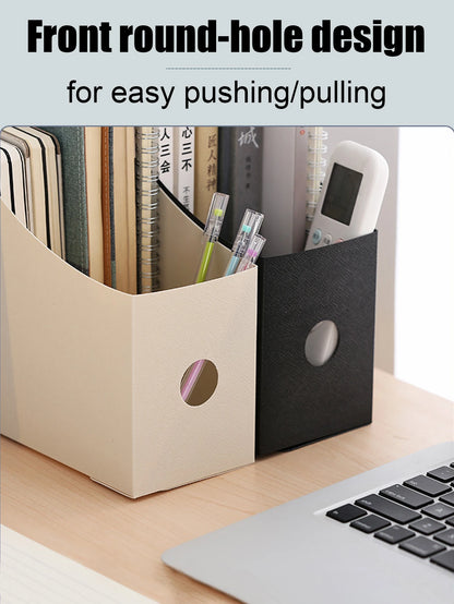 White plastic desktop file organizer with adjustable compartments, ideal for student or office document storage and organization