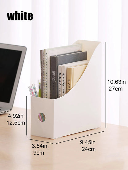 White plastic desktop file organizer with adjustable compartments for documents, books, and school supplies in a home or office setting.