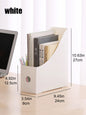 White plastic desktop file organizer with adjustable compartments for documents, books, and school supplies in a home or office setting.