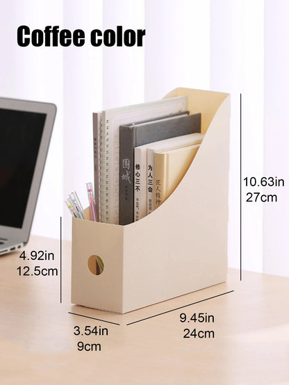 White plastic desktop file organizer with adjustable compartments, ideal for storing documents, books, and school supplies.