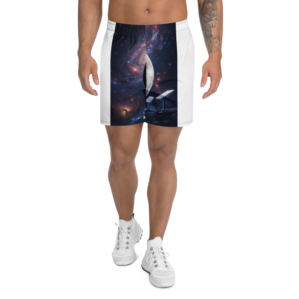 White all-over print unisex athletic long shorts by BACKUPMYFILESNOW.COM® with a bold, vibrant pattern suitable for sports and casual wear.