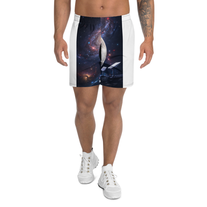 White unisex athletic long shorts with all-over print from BACKUPMYFILESNOW.COM®, designed for active wear and casual style.