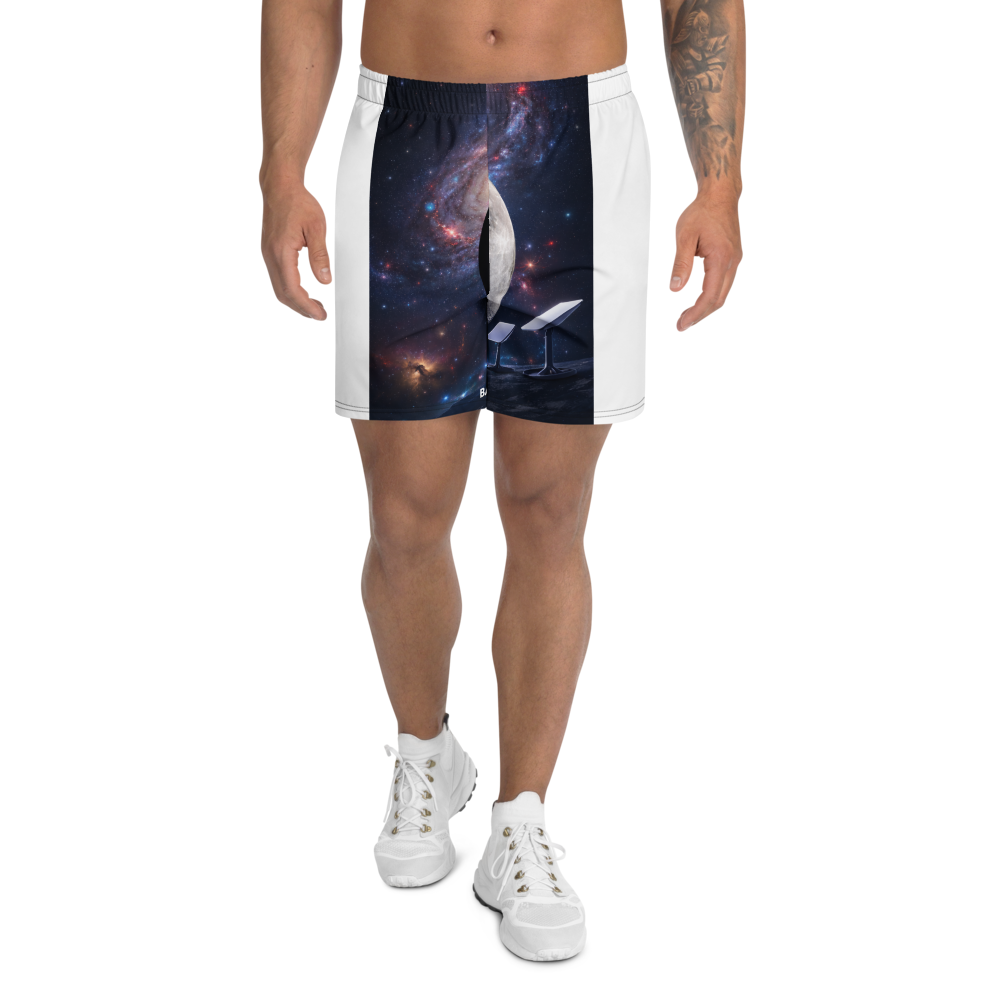 All-over print unisex athletic long shorts by BACKUPMYFILESNOW.COM® featuring a white design and comfortable fit for active wear.