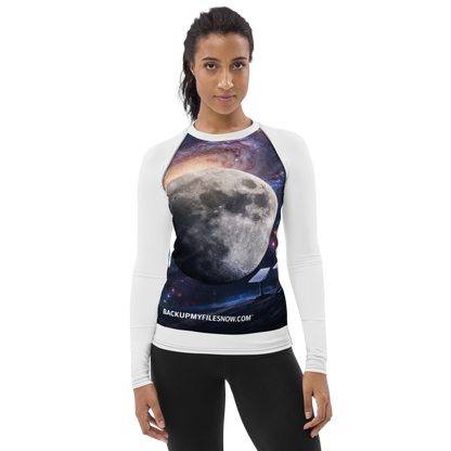 White all-over print women's rash guard by BACKUPMYFILESNOW.COM®, featuring a fitted design ideal for swimming and sun protection.