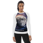 White all-over print women's rash guard by BACKUPMYFILESNOW.COM®, featuring sun protection and sporty design for active wear.