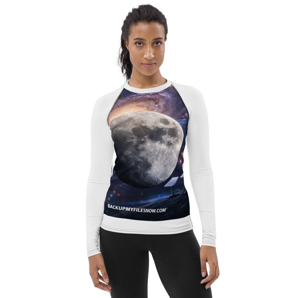 White women's all-over print rash guard by BACKUPMYFILESNOW.COM®, featuring colorful abstract patterns for active water sports.