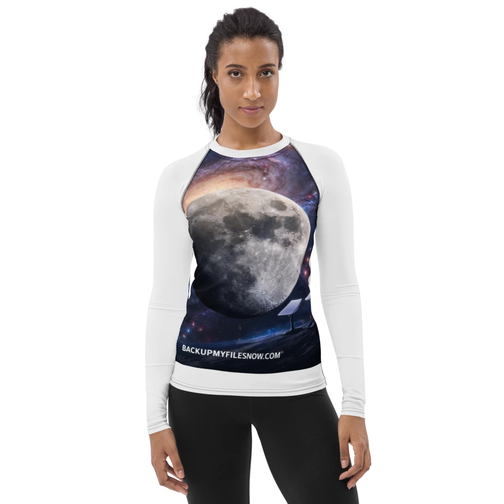 White all-over print women's rash guard by BACKUPMYFILESNOW.COM®, featuring long sleeves and a snug fit for sun protection.