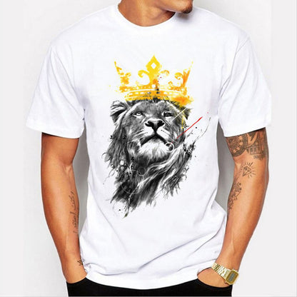 White plus size lion print T-shirt with round neck from BackupMyFilesNow.com, featuring a bold lion graphic on the front.