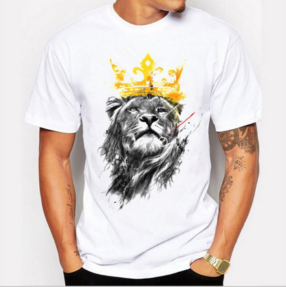 Plus size white lion print T-shirt with round neck, stylish fashion top by BackupMyFilesNow.com