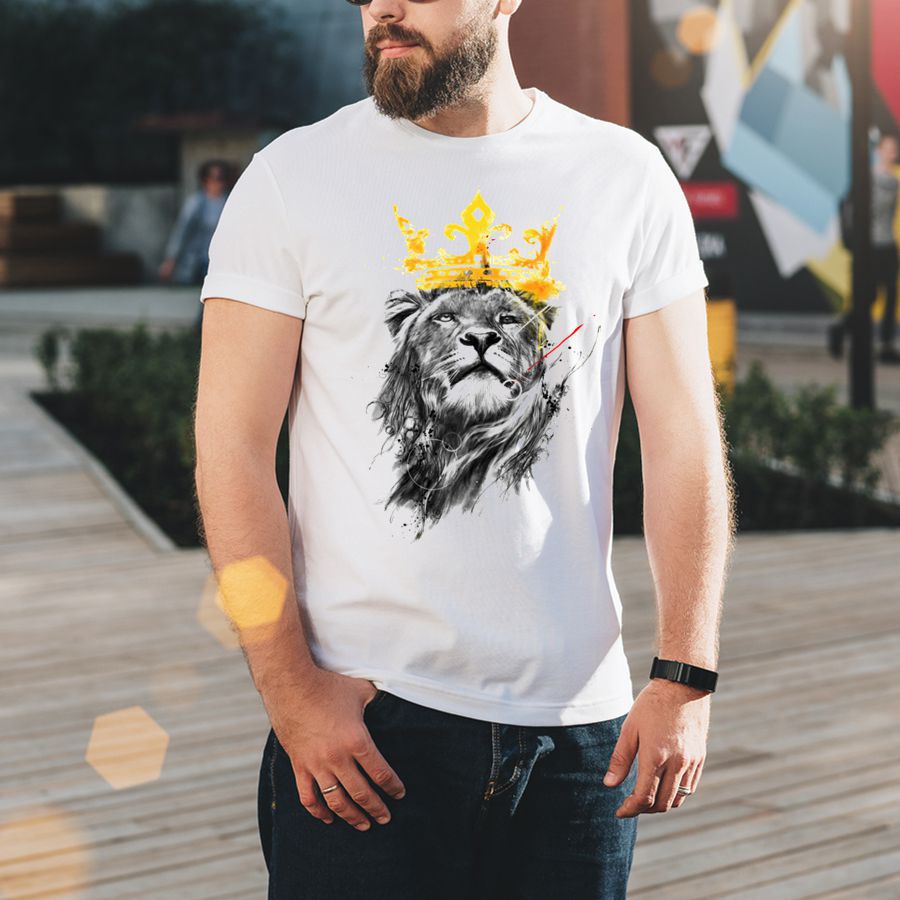 Plus size white lion print T-shirt with round neck, stylish fashion top from BackupMyFilesNow.com