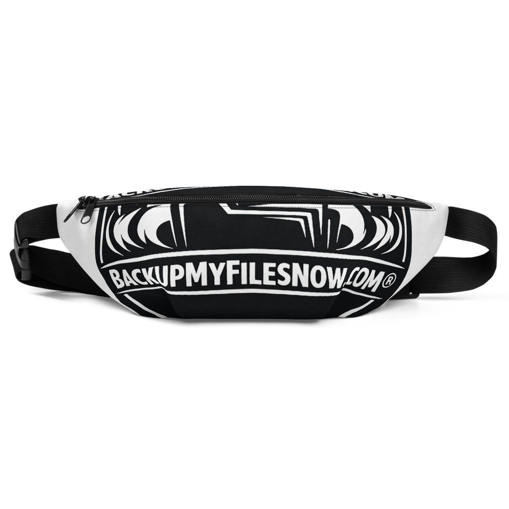 White all-over print fanny pack by BACKUPMYFILESNOW.COM® with adjustable strap and multiple compartments for versatile storage.