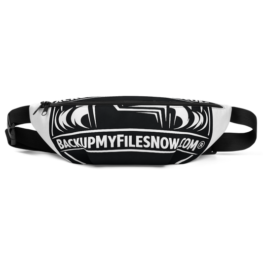 White all-over print fanny pack by BACKUPMYFILESNOW.COM® with adjustable strap and multiple compartments for versatile storage.