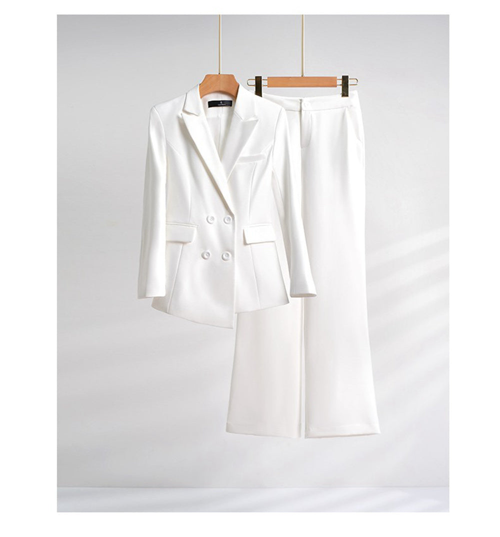 White women's casual business suit set for formal wear, featuring blazer and matching trousers from BackupMyFilesNow.com