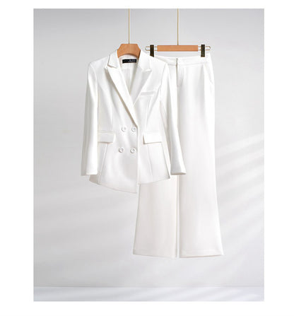 White women's casual business suit set for formal wear, featuring blazer and matching trousers from BackupMyFilesNow.com