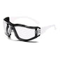 White safety goggles with soft foam gasket, designed for sports, woodworking, lab work, and outdoor protection.