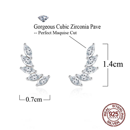 Sterling silver leaf-shaped stud earrings with marquise cut cubic zirconia, featuring pave detailing for women's jewelry.