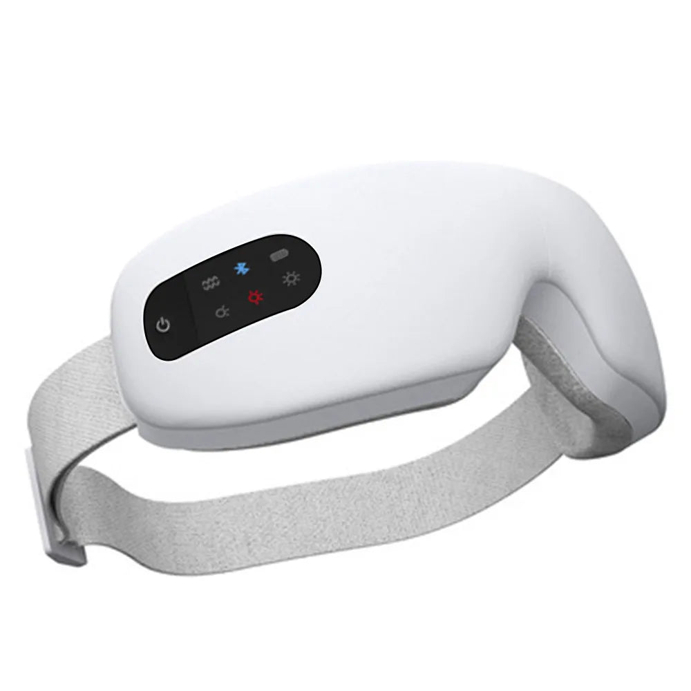 White smart electric eye massager with air pressure, hot compress, Bluetooth music, foldable design, USB rechargeable, for relaxing eye massage.