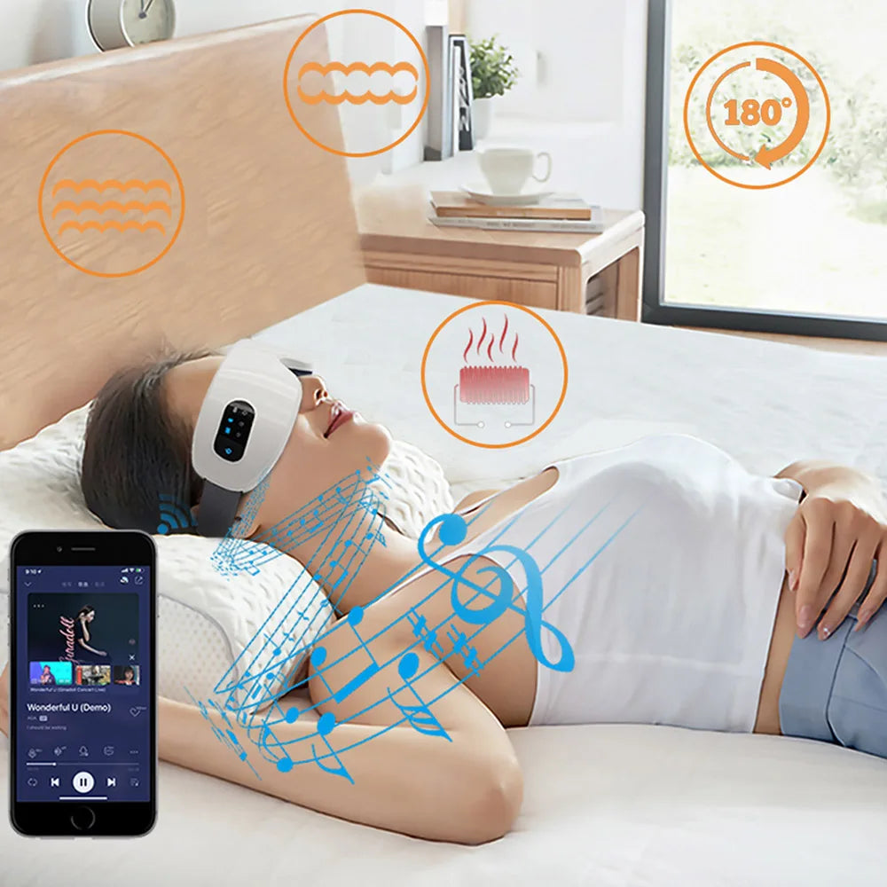 White smart electric eye massager glasses with air pressure, hot compress, Bluetooth music, foldable design, USB rechargeable.