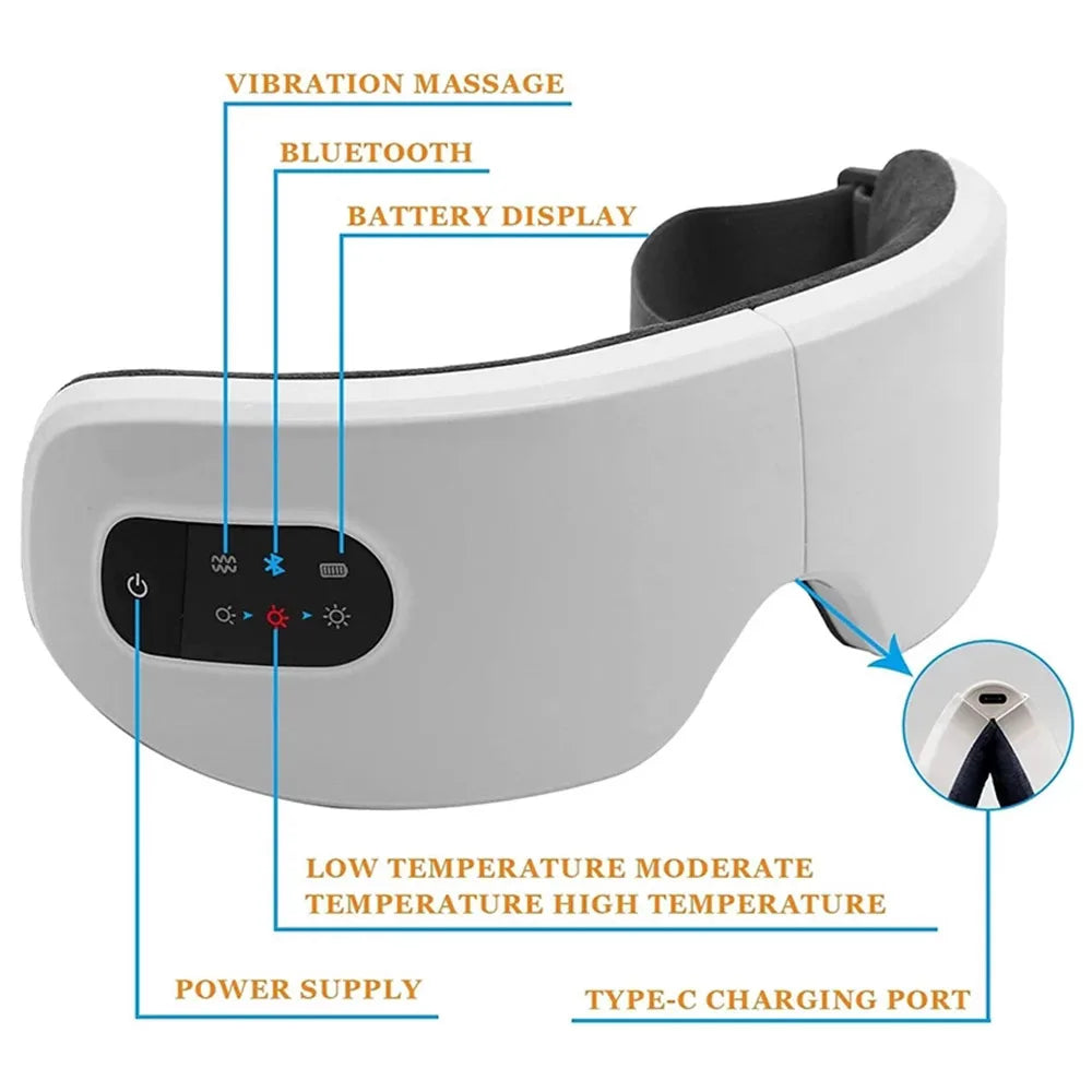 White BackupMyFilesNow.com smart electric eye massager with air pressure, hot compress, foldable design, Bluetooth music, and USB charging.