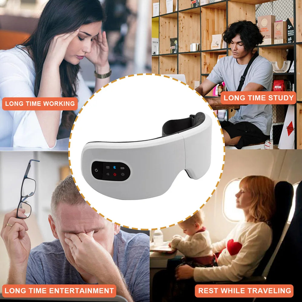 White BackupMyFilesNow.com smart electric eye massager with air pressure, hot compress, foldable design, Bluetooth music, and USB rechargeable.