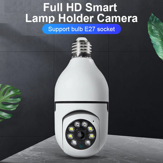 White Smart Home 2.4G E27 WiFi surveillance bulb camera with HD night vision, two-way audio, and motion detection.