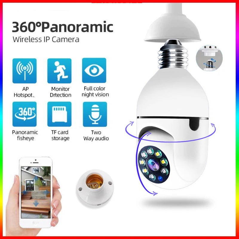 White Smart Home 2.4G E27 WiFi surveillance camera with HD night vision, two-way audio, and motion detection for home security.