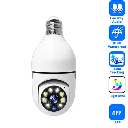 White Smart Home E27 WiFi surveillance camera with HD night vision, two-way audio, and motion detection for home security.